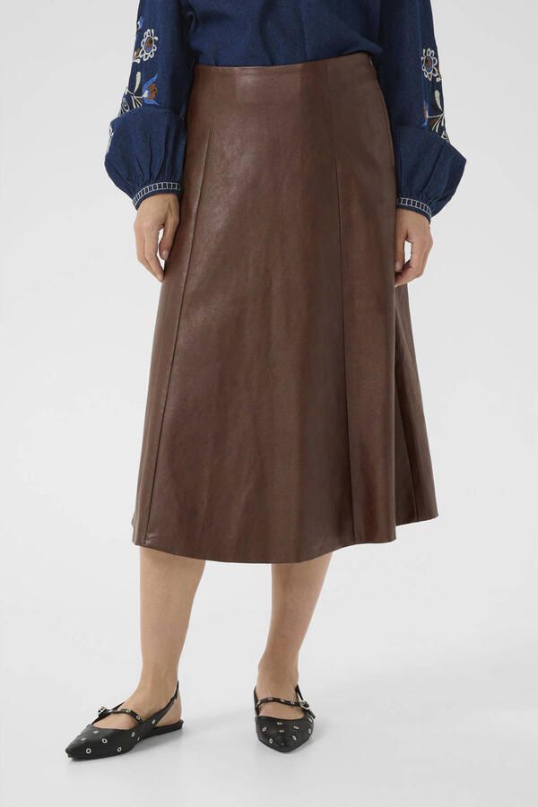 Cream imitatieleren midi rok bruin