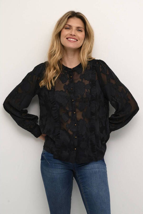 Cream gebloemde semi-transparante blouse zwart