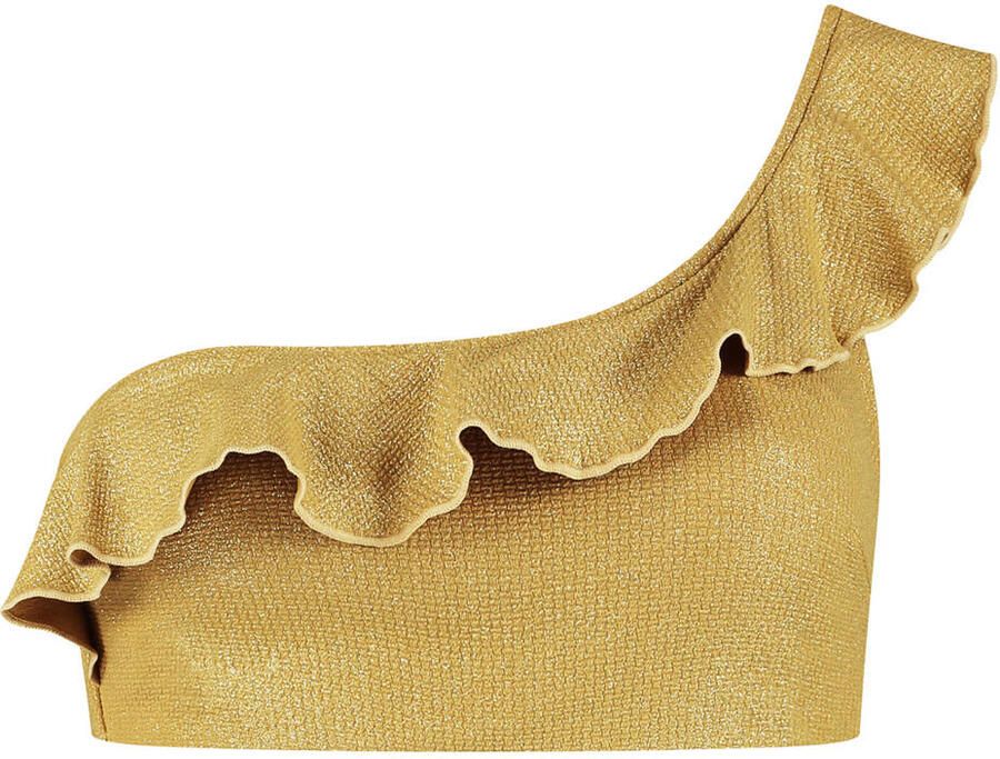 Cyell niet-voorgevormde one shoulder bikinitop Golden Hour met ruches en lurex goud