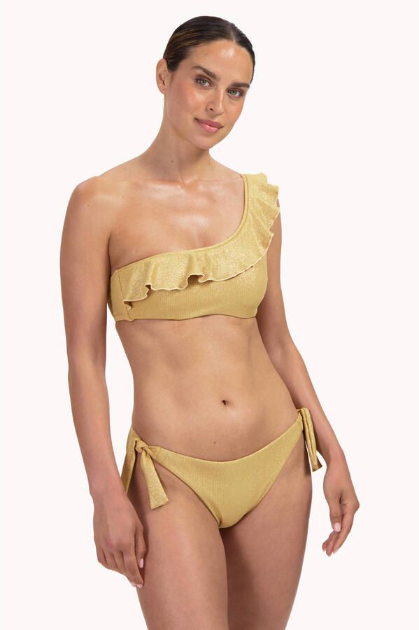 Cyell niet-voorgevormde one shoulder bikinitop Golden Hour met ruches en lurex goud - Foto 3