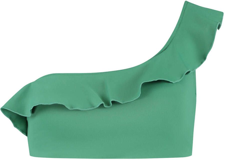 Cyell niet-voorgevormde one shoulder bikinitop Green Oasis met ruches groen
