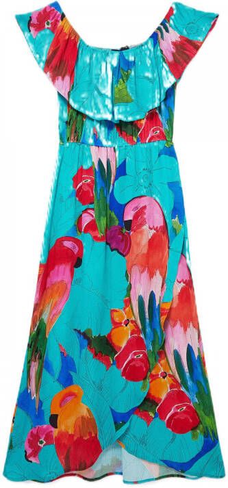 Desigual off shoulder maxi jurk met all over print en volant turquoise rood roze