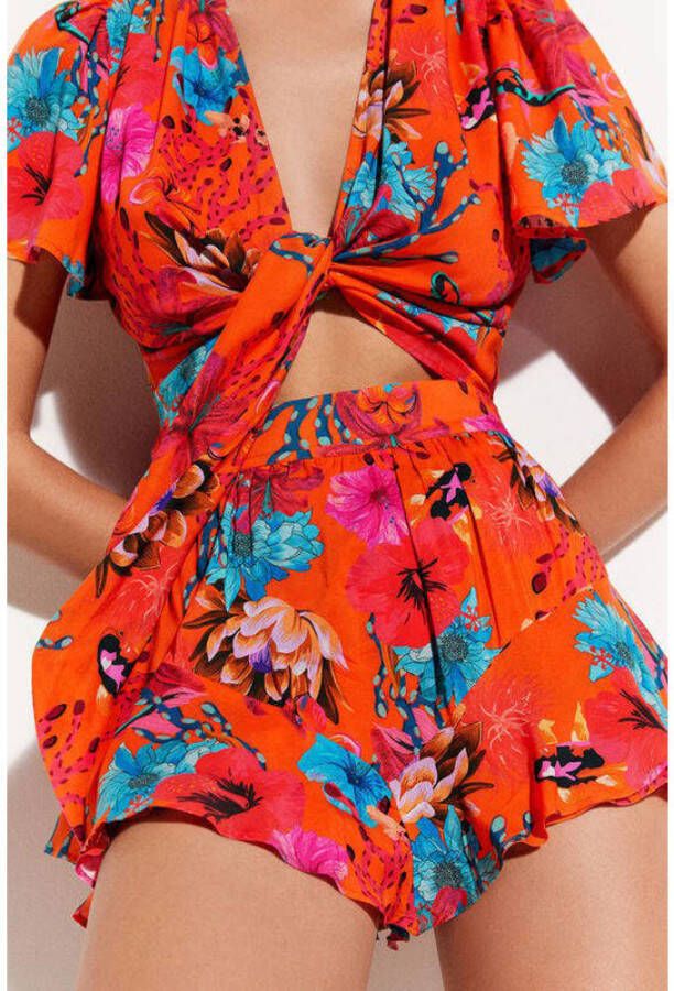 Desigual cropped blouse met bloemen oranje turquoise