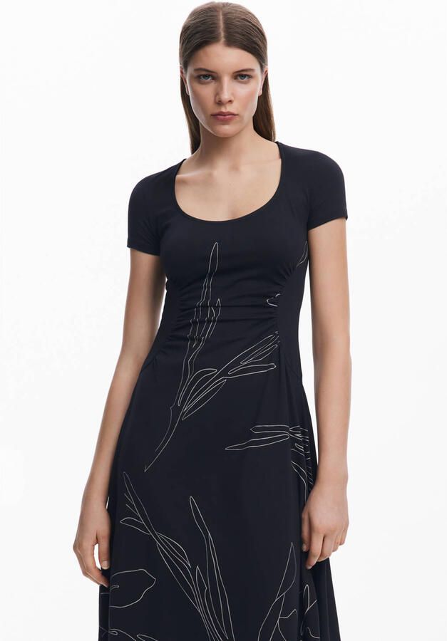 Desigual Bloemen Zwart Jurk Korte Mouw Ronde Hals Black Dames - Foto 2