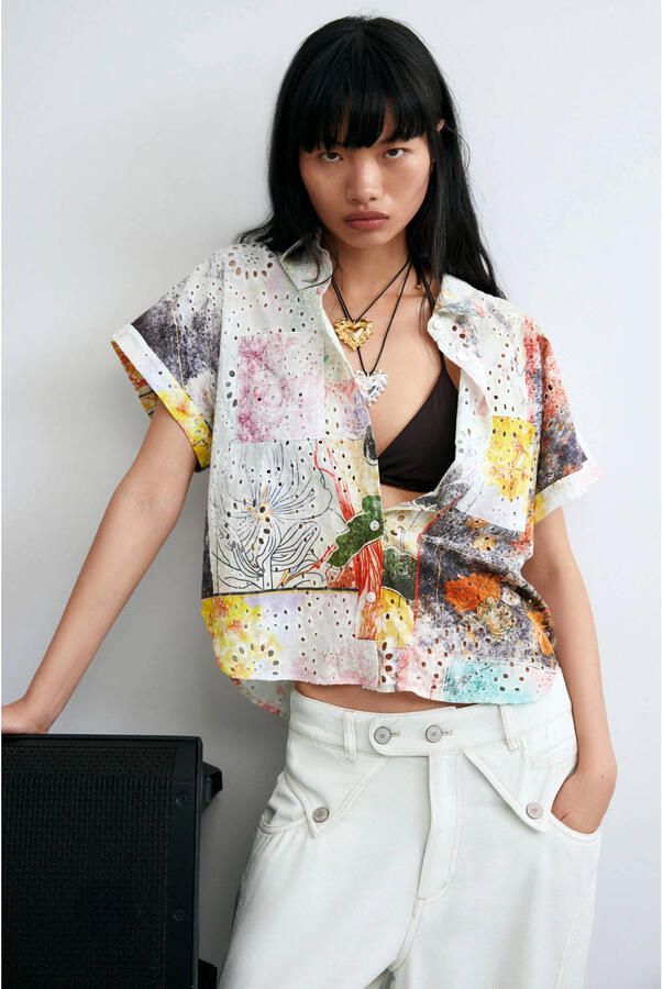 Desigual broderie blouse met print meerkleurig