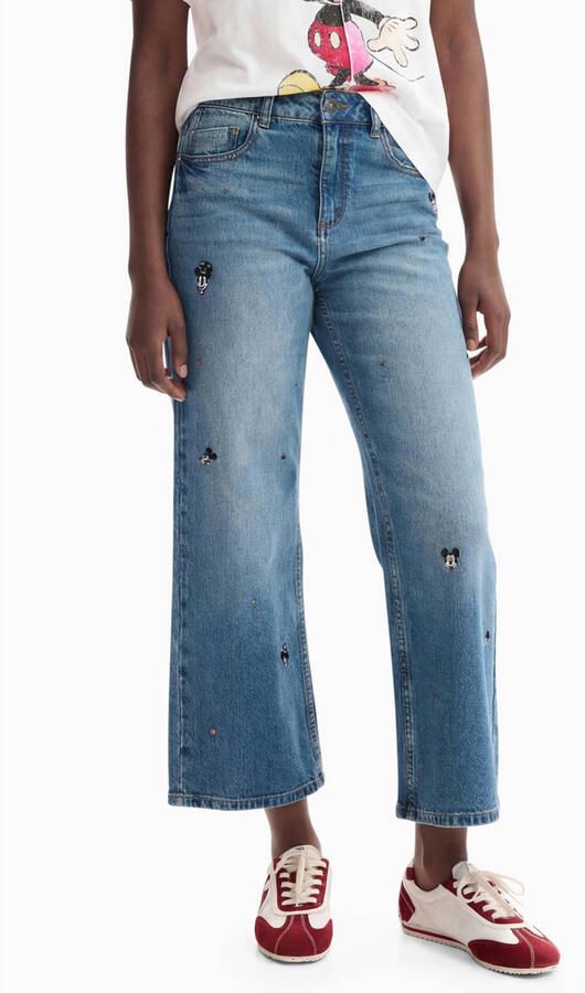 Desigual cropped jeans met borduursels blauw