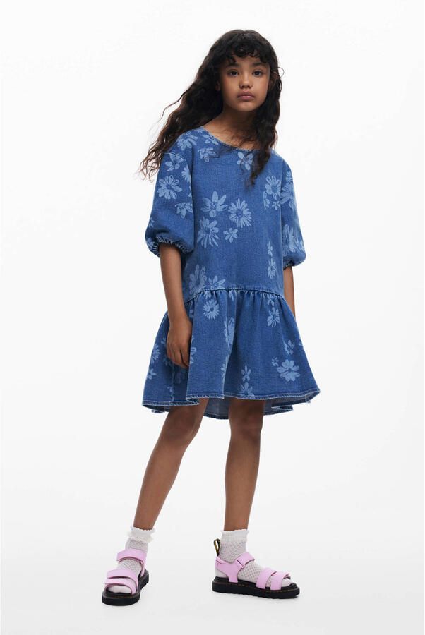 Desigual denim gebloemde A-lijn jurk medium blue denim