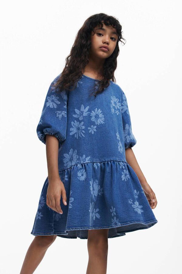 Desigual denim gebloemde A-lijn jurk medium blue denim - Foto 3