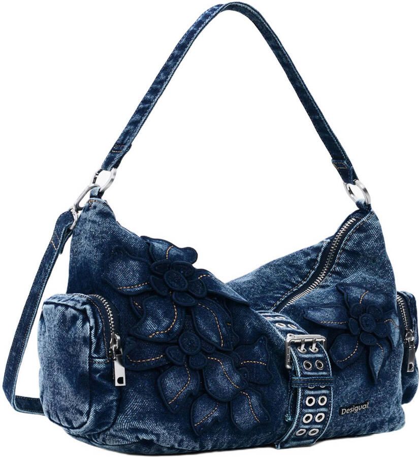 Desigual denim schoudertas met bloemen blauw - Foto 3