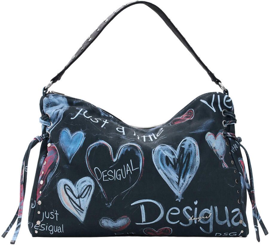 Desigual denim schoudertas met tekst donkerblauw
