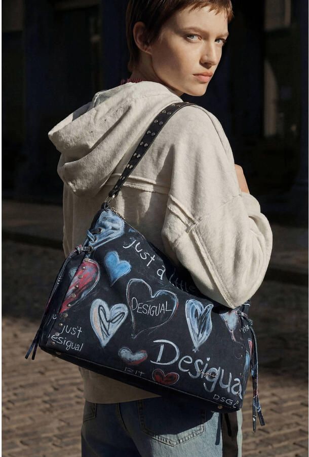 Desigual denim schoudertas met tekst donkerblauw - Foto 3
