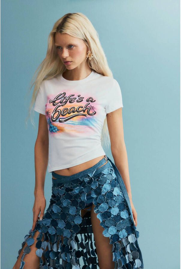 Desigual denim wikkelrok met patches blauw