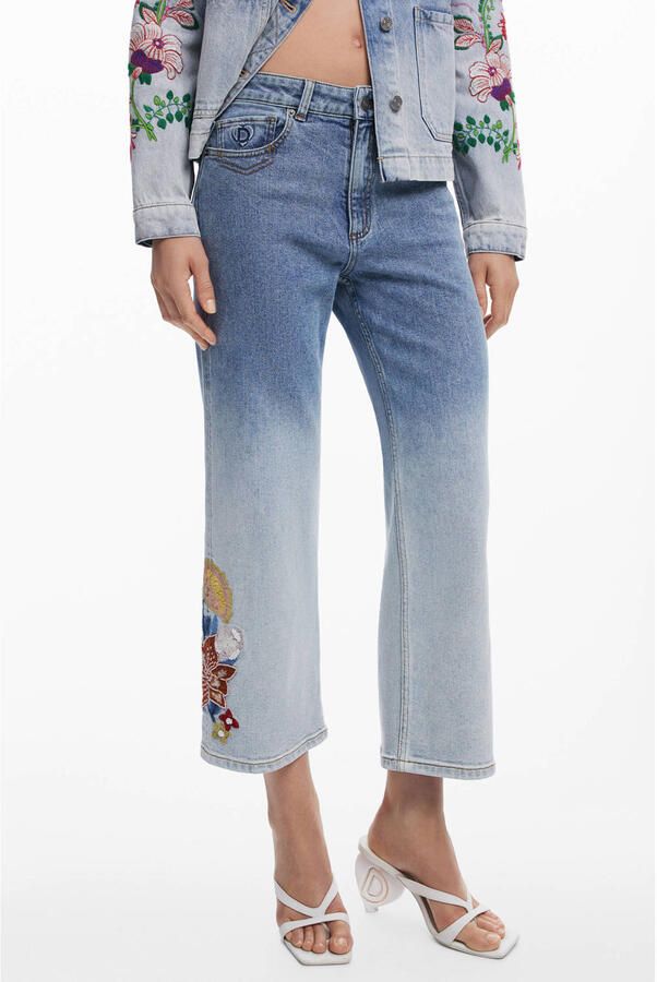 Desigual gebloemde bootcut jeans light blue denim met pailletten