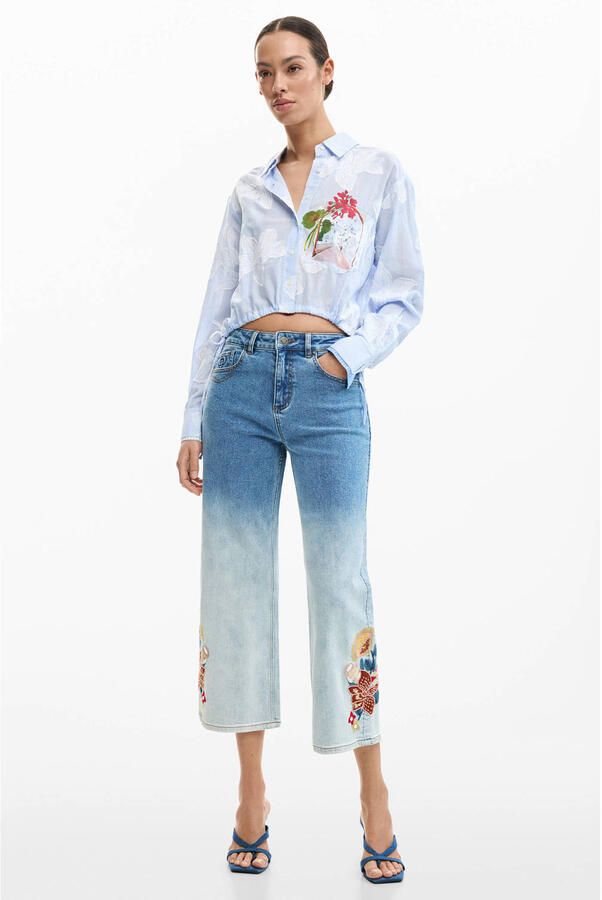 Desigual gebloemde bootcut jeans light blue denim met pailletten - Foto 3