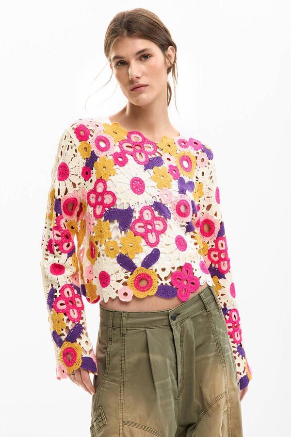 Desigual gebloemde cropped trui roze gehaakt