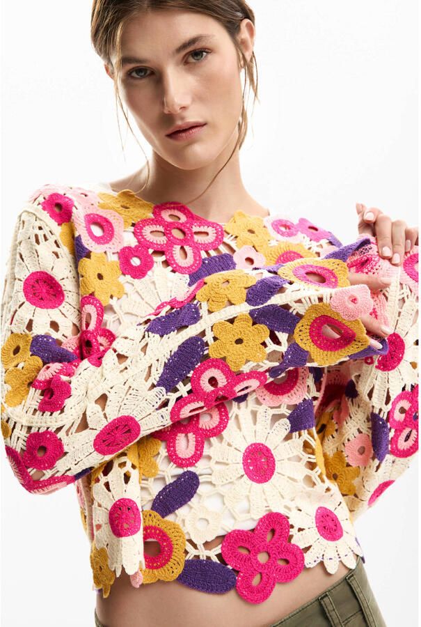 Desigual gebloemde cropped trui roze gehaakt - Foto 2