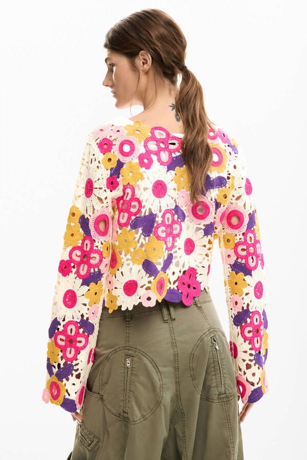 Desigual gebloemde cropped trui roze gehaakt - Foto 3