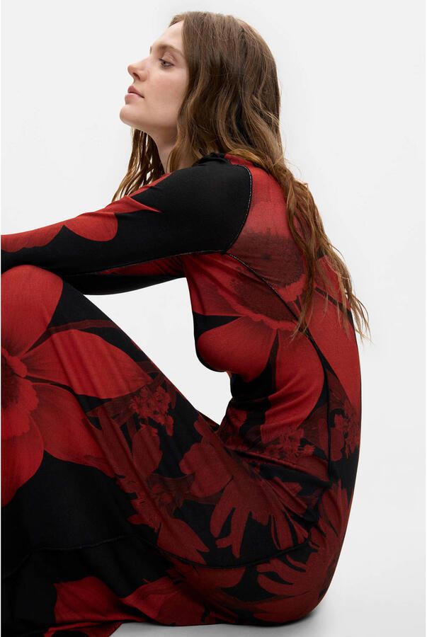 Desigual gebloemde midi jurk rood zwart - Foto 3