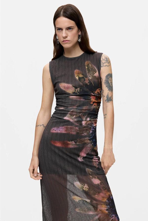 Desigual gebloemde midi zomerjurk grijsgroen