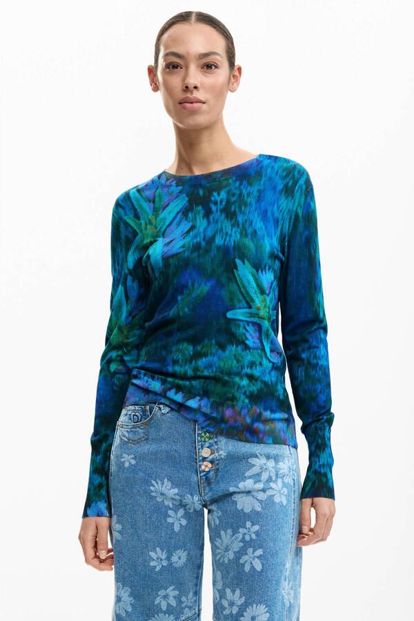Desigual gebloemde pullover blauw fijn gebreid