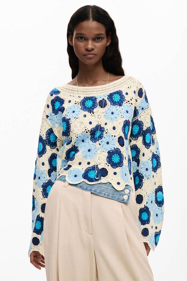 Desigual gebloemde sweater blauw gehaakt