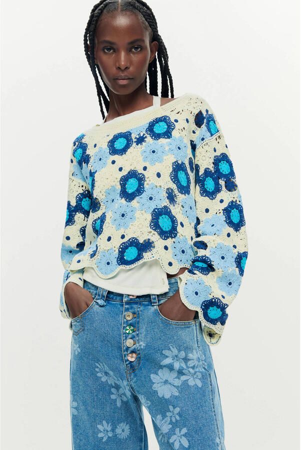 Desigual gebloemde sweater blauw gehaakt - Foto 2