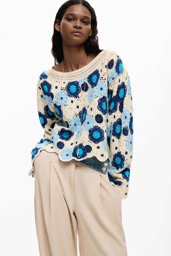 Desigual gebloemde sweater blauw gehaakt - Foto 3