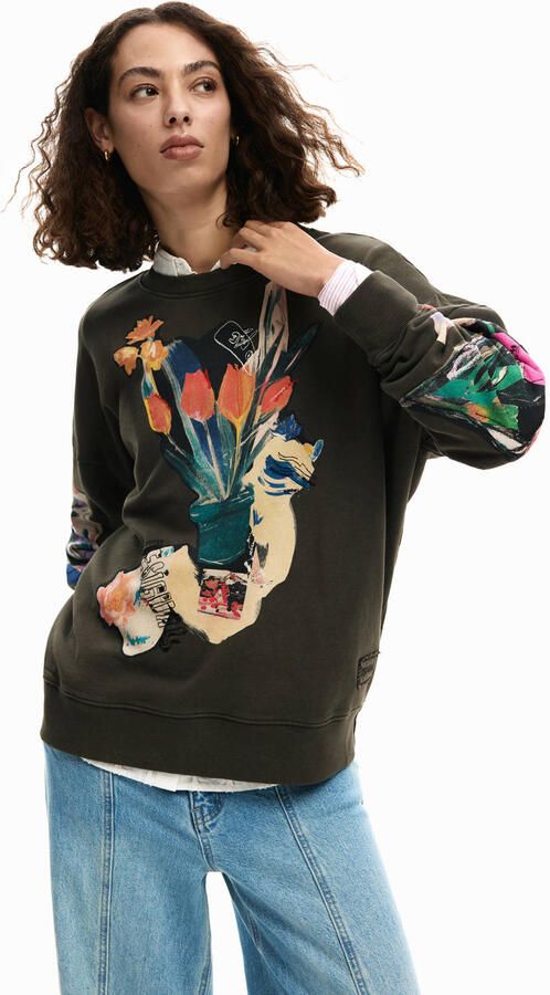 Desigual gebloemde sweater donkerbruin