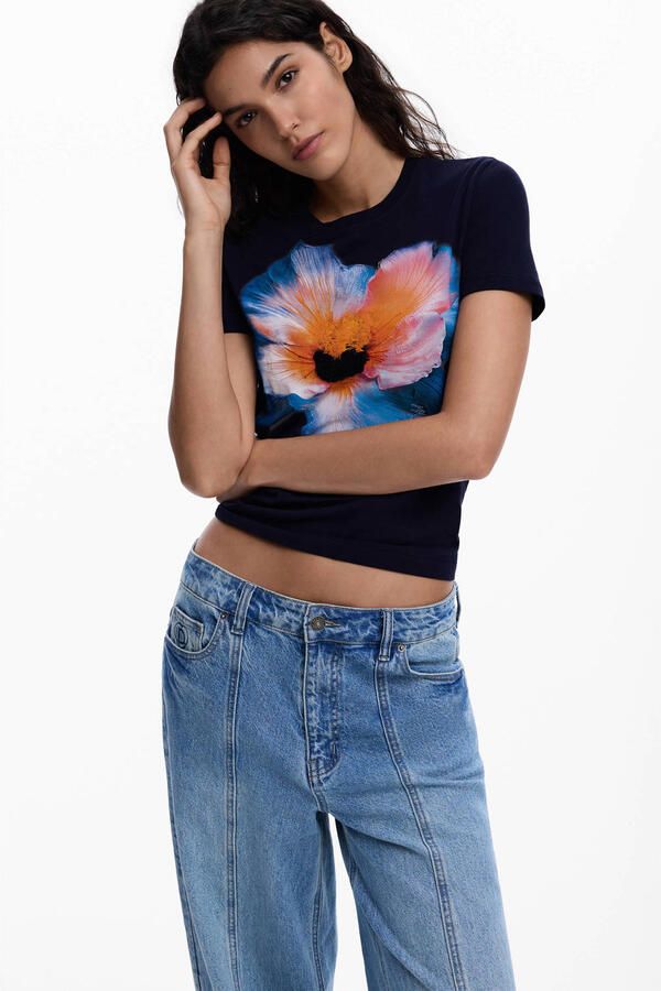 Desigual gebloemde T-shirt donkerblauw
