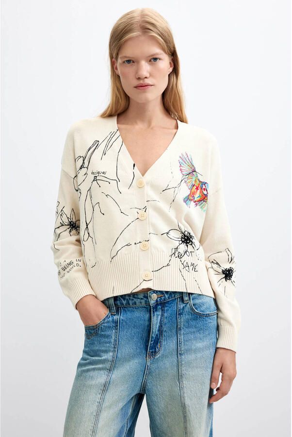 Desigual gebreid vest met print ecru