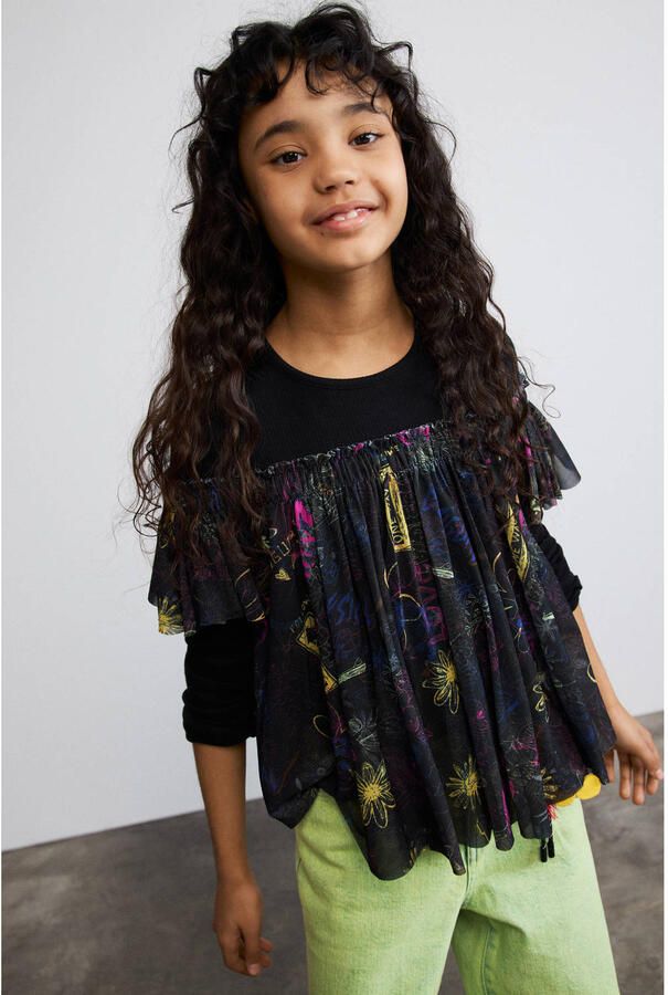 Desigual gebreide top met ruches en print zwart