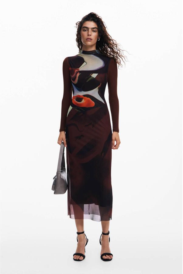 Desigual jurk met all over print en mesh donkerrood multi
