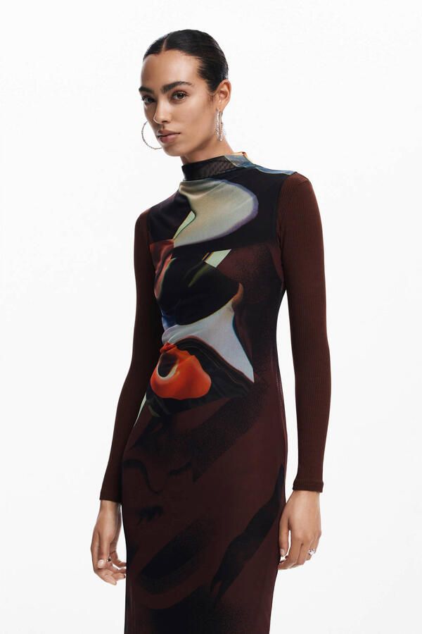 Desigual jurk met all over print en mesh donkerrood multi - Foto 2