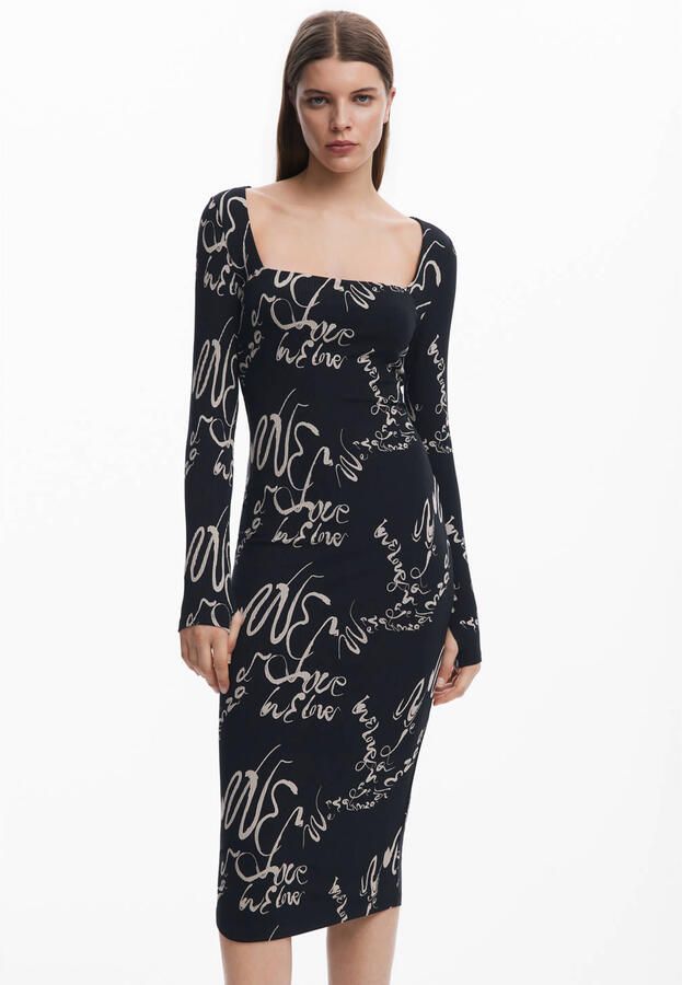 Desigual Zwarte Vierkante Hals Lange Mouw Jurk Black Dames - Foto 3