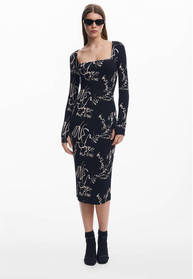 Desigual Zwarte Vierkante Hals Lange Mouw Jurk Black Dames - Foto 2