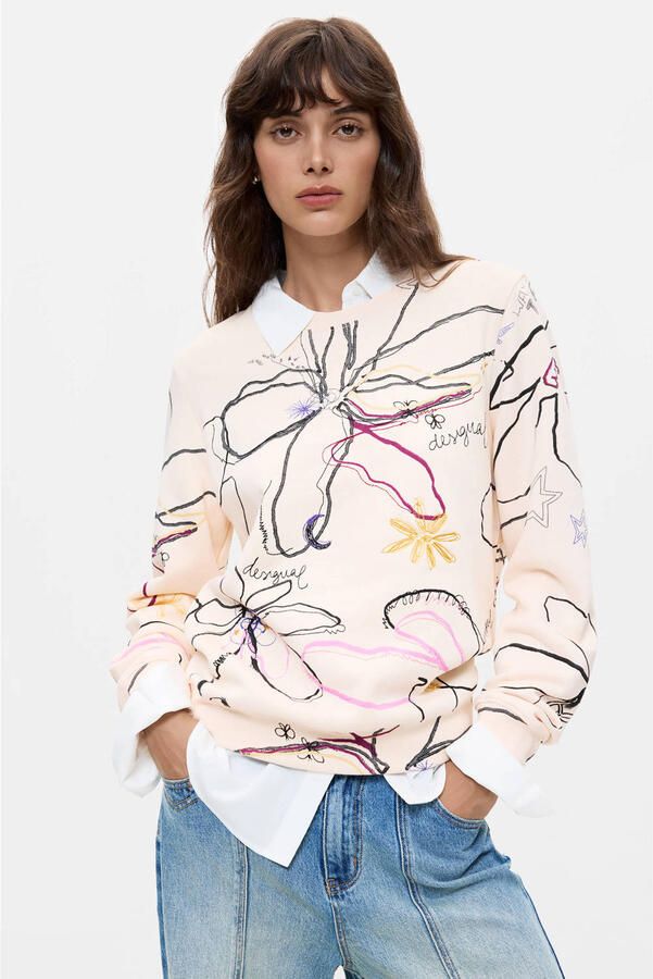Desigual katoenen gebloemde sweater ecru meerkleurig