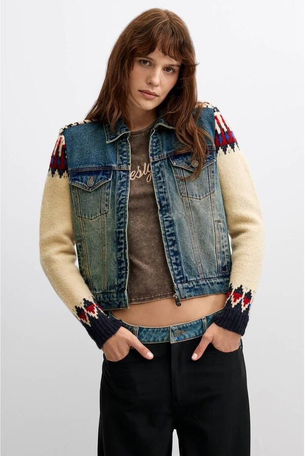 Desigual katoenen spijkerjas met print blauw ecru