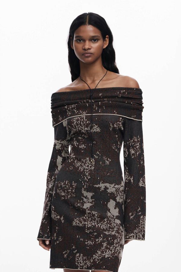 Desigual korte jurk rib gebreid donkerbruin