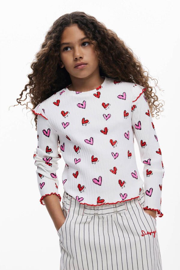 Desigual longsleeve met hartjes wit rib gebreid