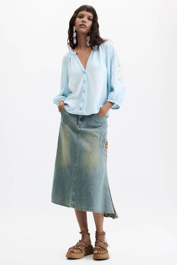 Desigual lyocell blouse met borduursels lichtblauw - Foto 3