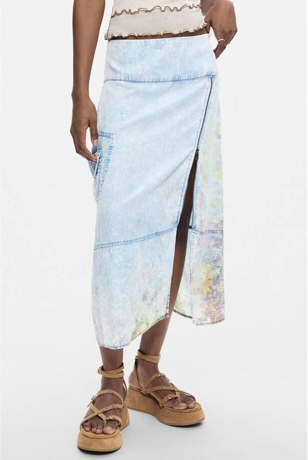 Desigual lyocell midi rok lichtblauw denim