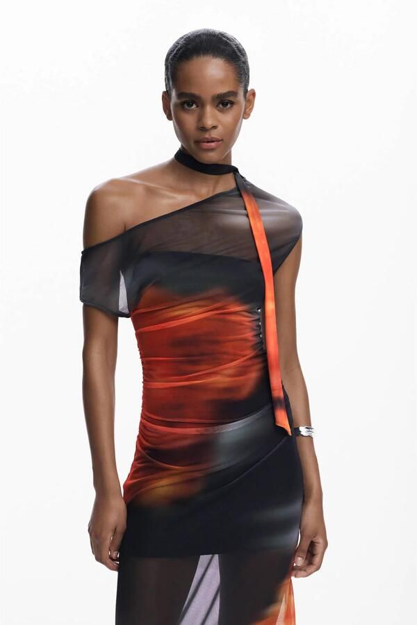 Desigual mesh off shoulder jurk zwart