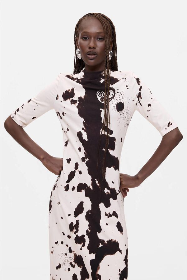 Desigual midi jurk met koeienprint ecru