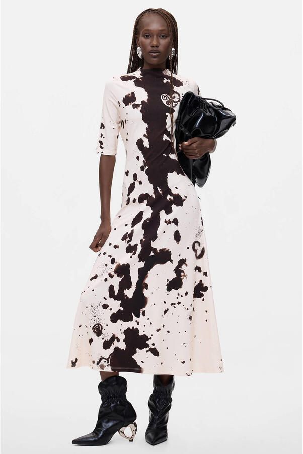 Desigual midi jurk met koeienprint ecru - Foto 3