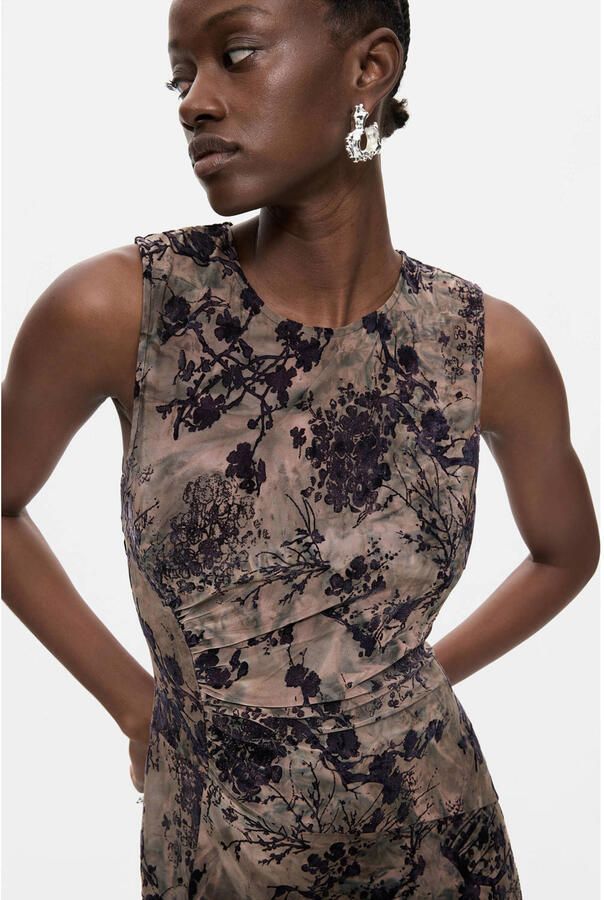 Desigual midi jurk met print grijsbruin