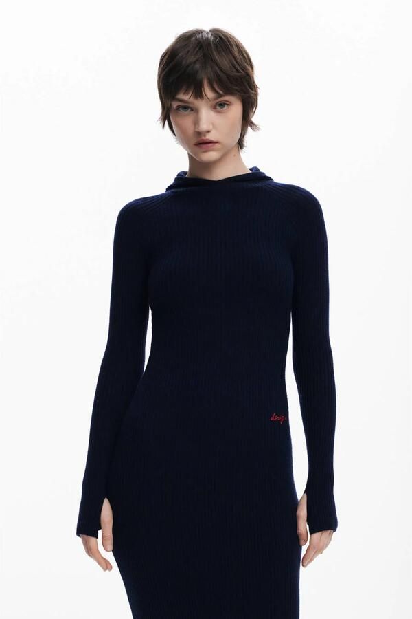 Desigual midi jurk rib gebreid donkerblauw
