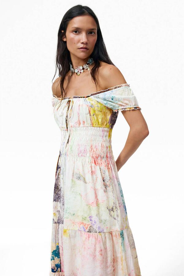 Desigual off shoulder midi jurk met print meerkleurig
