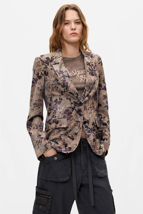 Desigual regular blazer met print grijsbruin