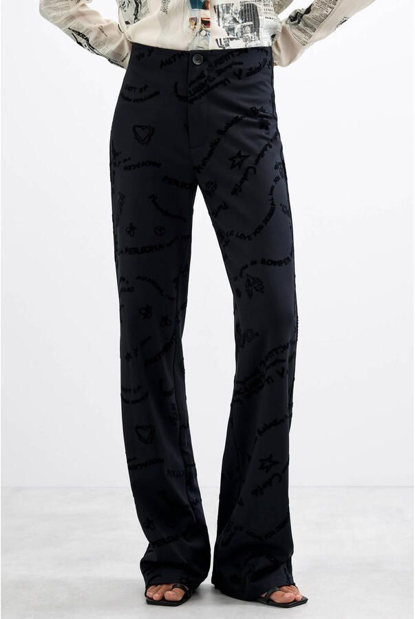 Desigual regular waist flared broek met print zwart