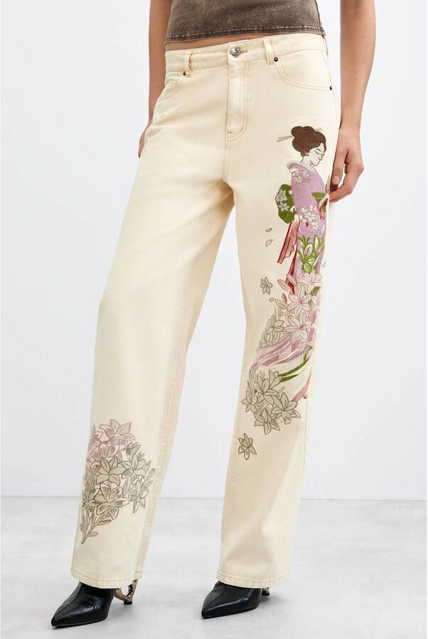 Desigual regular waist straight leg jeans met borduursels ecru